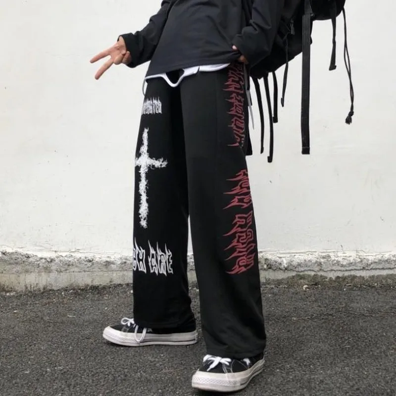 Женские широкие брюки в стиле панк HOUZHOU готика Харадзюку граффити аниме уличная