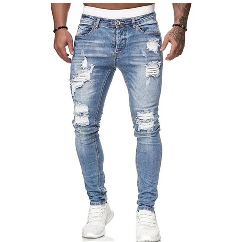 

2021 Mens Jeans Hip Hop Black Moto Biker Skinny Ripped Pure Color Elastic Denim Pants Male Casual Waistline jogging Pencil Pant