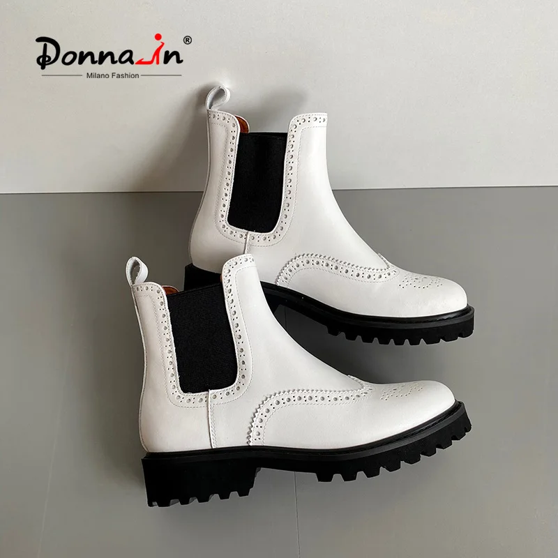 

Donna-in 2021 White Chelsea Boots for Women Luxury Calfskin Slip-On Elegant Office Daily Ankle Booties OOTD Blogger Styles