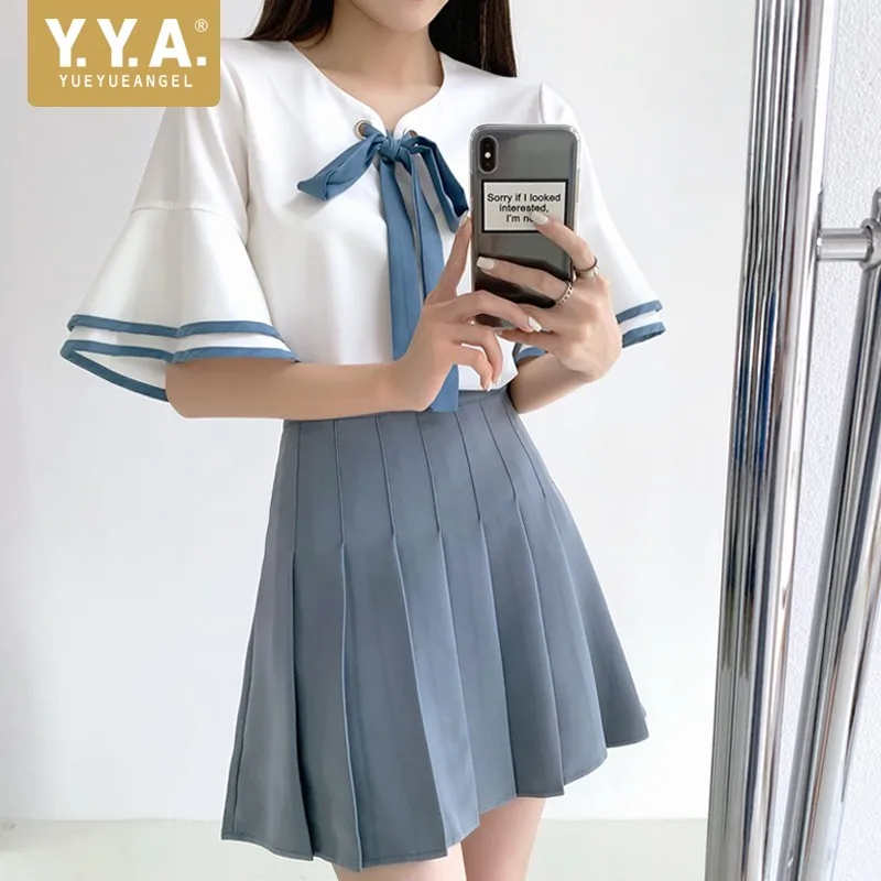 Preppy Style Chiffon Ruffle Short Sleeve Tops Pleated Skirts 2 Pieces Set Sweet Lolita Bow Shirt A-Line Mini Skirts Set Female
Preppy Style Chiffon Ruffle Short Sleeve Tops Pleated Skirts 2 Pieces Set Sweet Lolita Bow Shirt A-Line Mini Skirts Set Female
