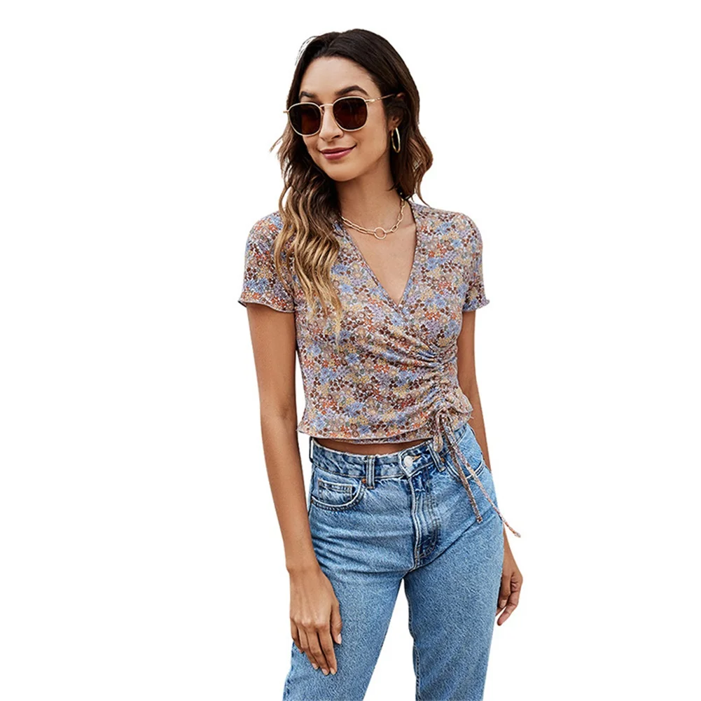 GREYGEM Summer Crop Top Female Sexy Deep V Neck Short Sleeve Shirring T Shirt Casual Fashion Floral Printing Clothes for Women 
GREYGEM Summer Crop Top Female Sexy Deep V Neck Short Sleeve Shirring T Shirt Casual Fashion Floral Printing Clothes for Women