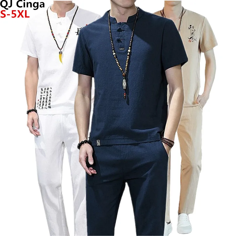 Chinese Style Summer 2 Piece Men's White Round Neck Short Sleeved T-shirt and Ankle Length Pants Big Size Cotton Linen Suits 5xl
Chinese Style Summer 2 Piece Men's White Round Neck Short Sleeved T-shirt and Ankle Length Pants Big Size Cotton Linen Suits 5xl