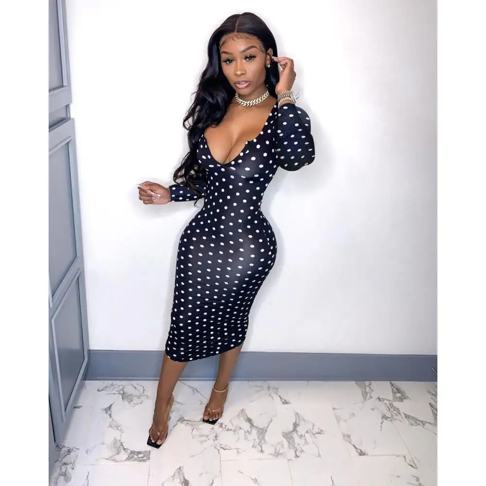 Женское платье-макси в горошек, с длинным рукавом и U-образным вырезом
Женское платье-макси в горошек, с длинным рукавом и U-образным вырезом