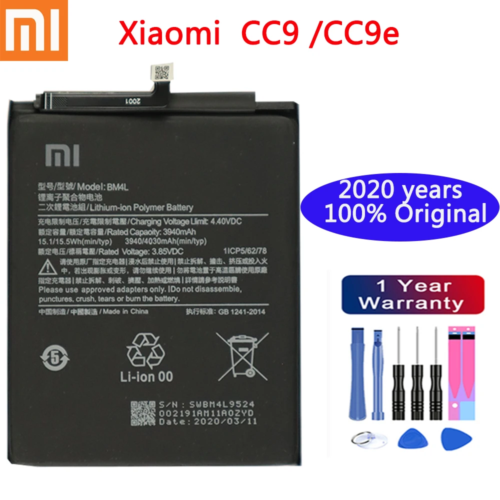 New Xiaomi 100% Original Battery BM4L for Xiaomi Mi CC9 CC9e Replacement Batteries Xiaomi bateria CC9 Mi9 Lite 4030mAh
New Xiaomi 100% Original Battery BM4L for Xiaomi Mi CC9 CC9e Replacement Batteries Xiaomi bateria CC9 Mi9 Lite 4030mAh