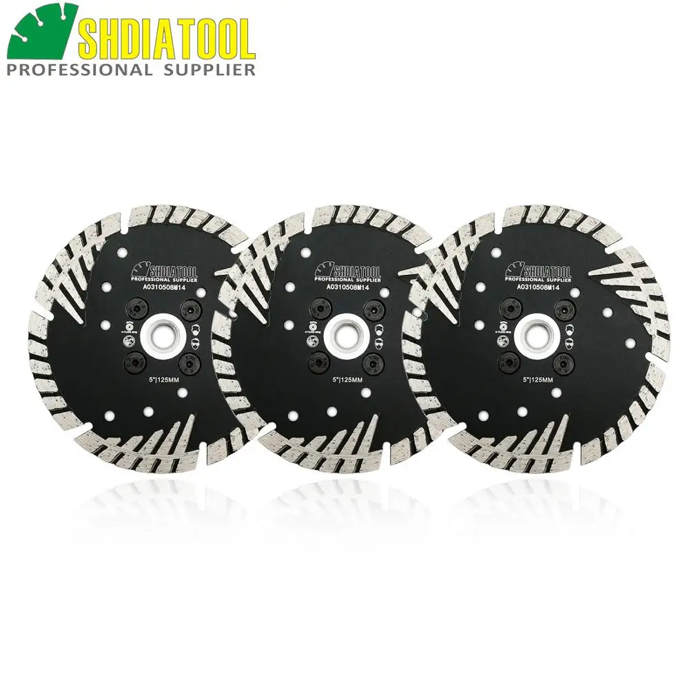 SHDIATOOL 3pcs 125mm Hot pressed Diamond turbo Blade with Slant protection teeth 5" stone concrete cutting disc with M14 FLANGE 
SHDIATOOL 3pcs 125mm Hot pressed Diamond turbo Blade with Slant protection teeth 5" stone concrete cutting disc with M14 FLANGE