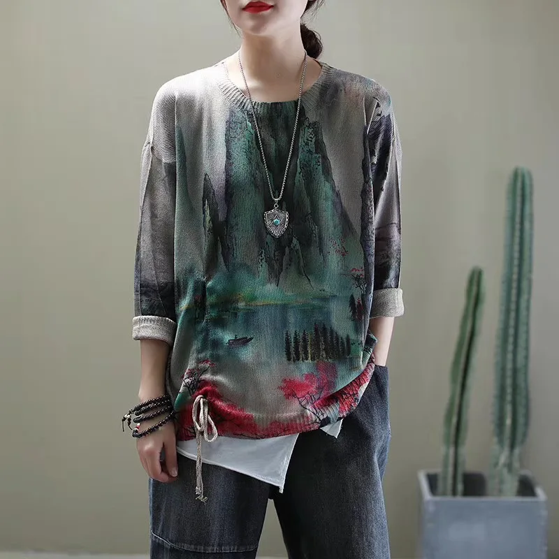 Women Vintage Print Pullover Knitted Shirt Femme Casual Long Sleeve Tops Autumn Spring Streetwear Sweaters Blouse Ropa De Mujer
Women Vintage Print Pullover Knitted Shirt Femme Casual Long Sleeve Tops Autumn Spring Streetwear Sweaters Blouse Ropa De Mujer