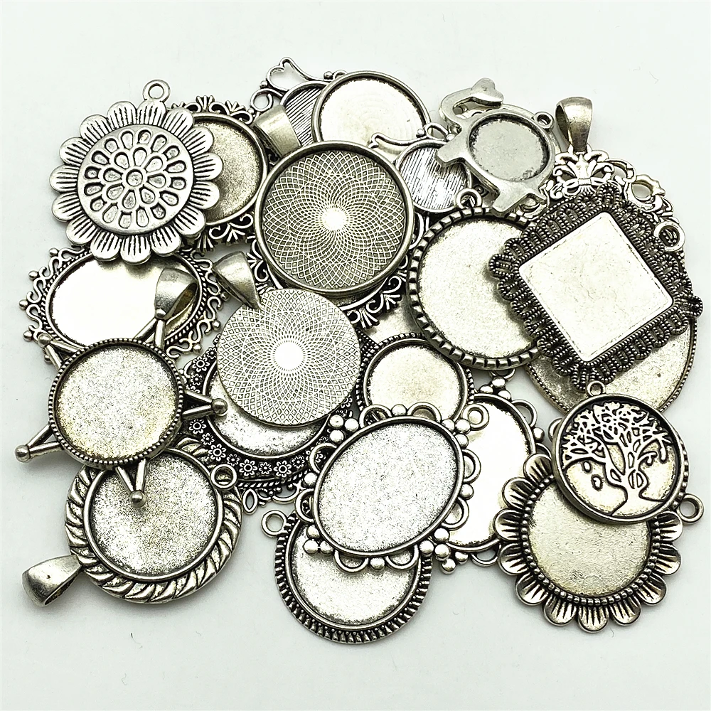 

30Grams Tibetan Silver Mixed Designs Pierced MIX Size Style Cabochon Base Setting Charms Pendant Blank Setting Jewelry Making