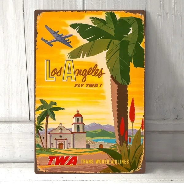 Винтажная металлическая жестяная вывеска Los Angeles Fly TWA в стиле ретро металлический