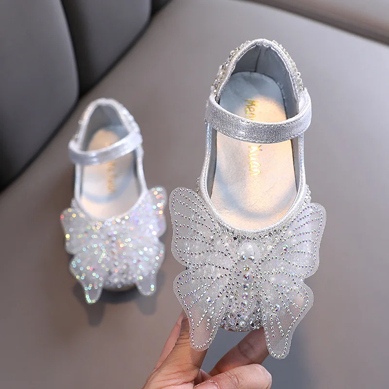 

Girls Shoes Fashion Kids Shoes Children's Lace Butterfly Rhinestone Pearls Beading Performance Single Shoes 2021 New E878