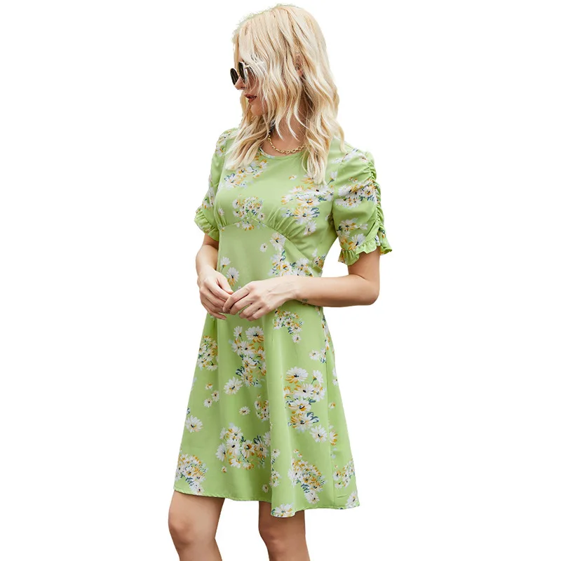 Summer Slim A-line Dress, Pleated Short-sleeved Elegant Dress, Pullover Green Print Dress 
Summer Slim A-line Dress, Pleated Short-sleeved Elegant Dress, Pullover Green Print Dress