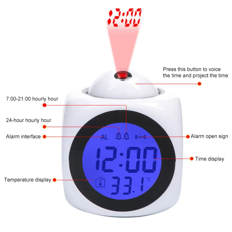 Creative English Voice Timekeeping Projection Clock Lazy Alarm LED Digital Projection Alarm Clock Projector Home Clock Timer
Creative English Voice Timekeeping Projection Clock Lazy Alarm LED Digital Projection Alarm Clock Projector Home Clock Timer