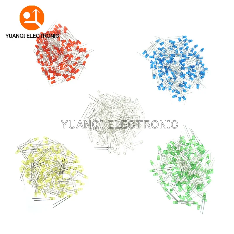 

5 x 100pcs/Color=500pcs 3mm LED Diode F3 Assorted Kit White Green Red Blue Yellow DIY Light Emitting Diode