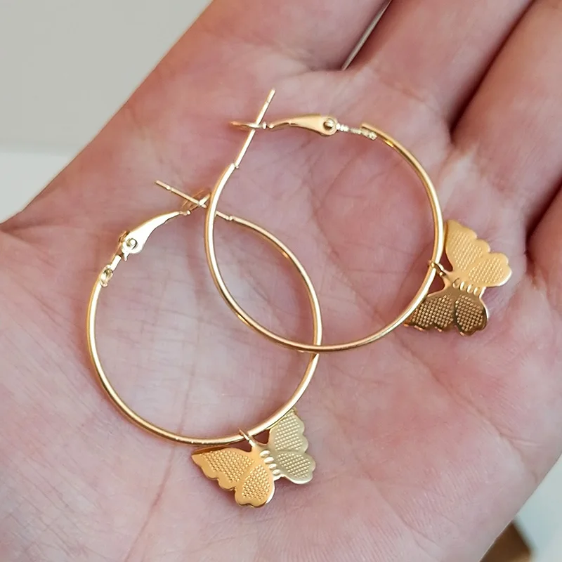 European Punk Rock Girls Gold Color Hollow Circle Hoop Earring Butterfly Drop Earrings Ear Jewelry Diy for Women | Украшения и
