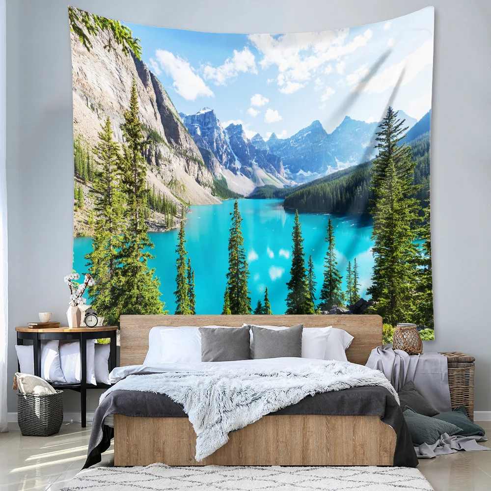 

Lake Waterfall Flowing Water Tapestry Wall Fabric Spring Forest Green Trees Background Home Decor Wall Cloth Carpet Tapestries