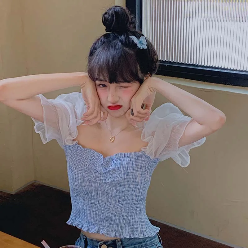 Summer Korean Women Blouse Square Collar Gauze Splice Puff Sleeve Shirt Sweet Female Blusas Kawaii Ruffles Plaid Retro Clothing
Summer Korean Women Blouse Square Collar Gauze Splice Puff Sleeve Shirt Sweet Female Blusas Kawaii Ruffles Plaid Retro Clothing