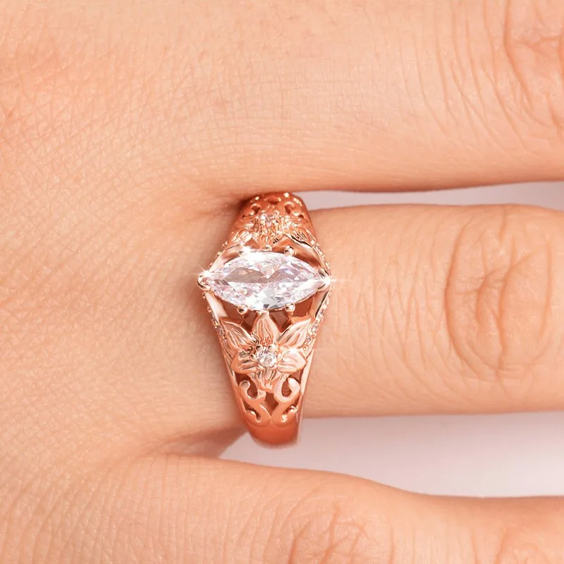 Elegant Horse Eye Shaped Crystal Ring Engraving Rose Gold Color Hollow Out Flower Floral Pattern for Women Party Jewelry
Elegant Horse Eye Shaped Crystal Ring Engraving Rose Gold Color Hollow Out Flower Floral Pattern for Women Party Jewelry