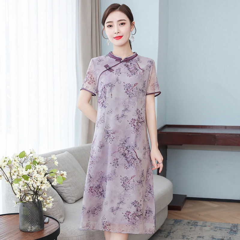 Chinese style dress for women long summer 2020 new Short-sleeved dress ladies improved cheongsam dress elegant fashion printing 
Chinese style dress for women long summer 2020 new Short-sleeved dress ladies improved cheongsam dress elegant fashion printing