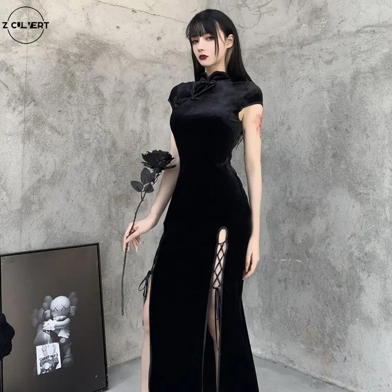 Z Culvert 2021 Fall winter Retro Chinese Cheongsam short sleeves slim waist slit strap temperament long skirt women black dress
Z Culvert 2021 Fall winter Retro Chinese Cheongsam short sleeves slim waist slit strap temperament long skirt women black dress