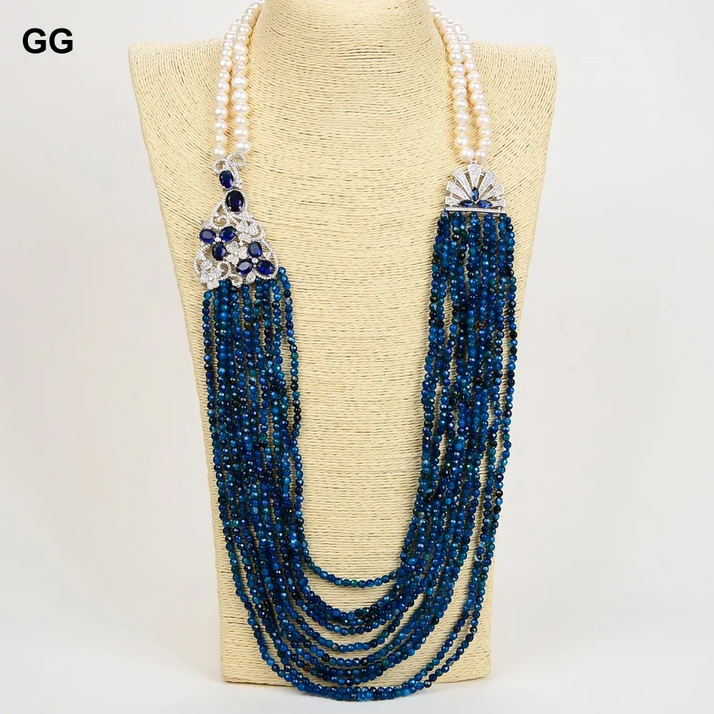 GG ювелирные изделия 31 "белый жемчуг синий агат ожерелье CZ кулон|blue necklace|cz pendantpearl