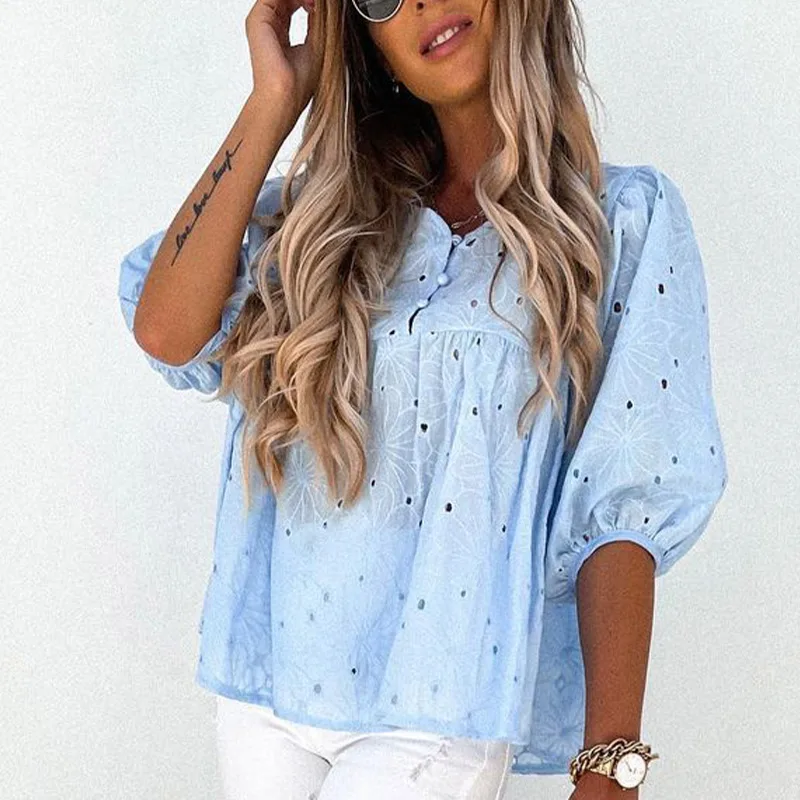2021 Summer Loose Hollow Out Women's T-shirt V-neck Half Lantern Sleeve Button Female T-shirts New Fashion Streetwear Ladies Top
2021 Summer Loose Hollow Out Women's T-shirt V-neck Half Lantern Sleeve Button Female T-shirts New Fashion Streetwear Ladies Top