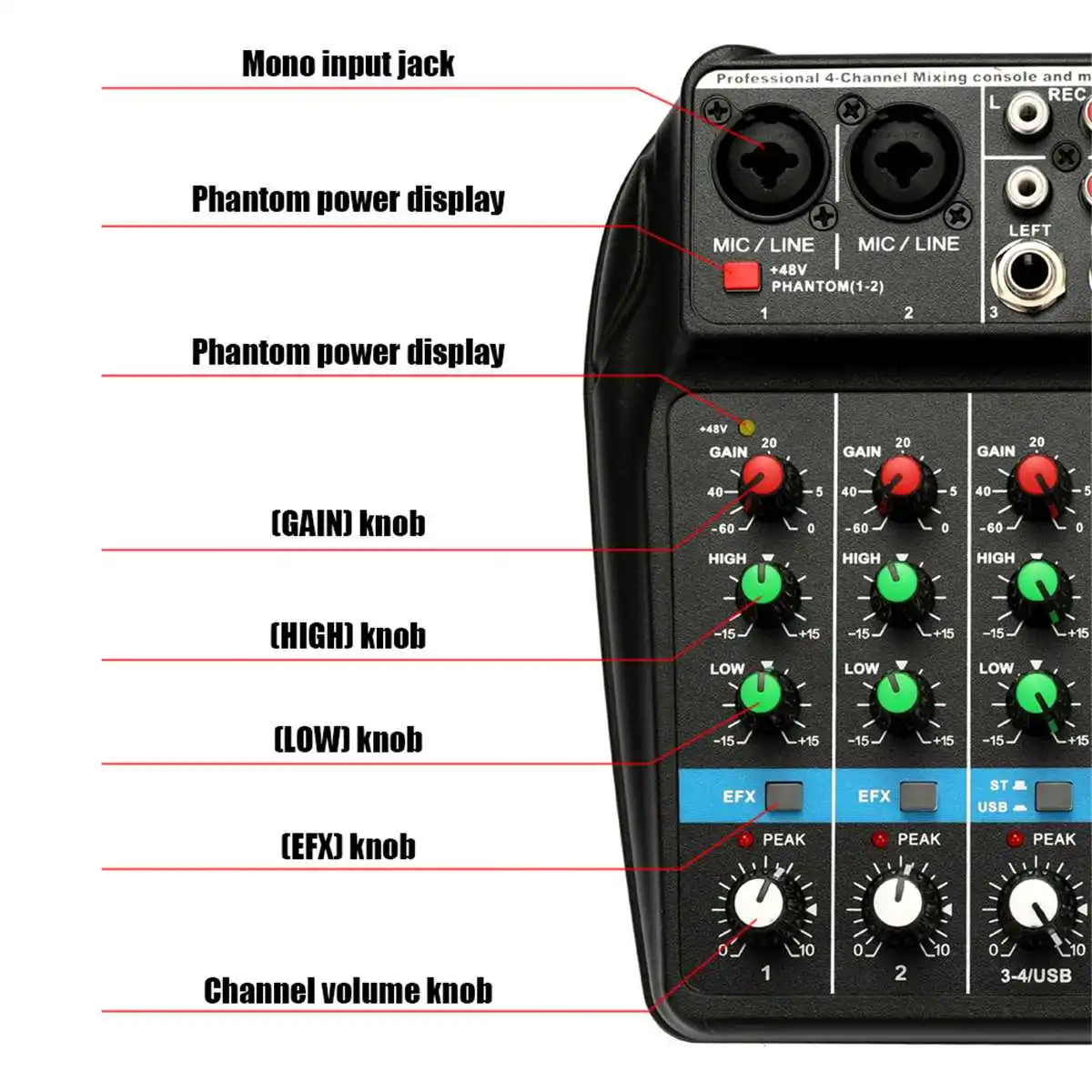 4 Channels USB Audio Mixer Sound Mixing Console Bluetooth USB Record Computer Playback 48V Phantom Power Delay Repaeat Effect
4 Channels USB Audio Mixer Sound Mixing Console Bluetooth USB Record Computer Playback 48V Phantom Power Delay Repaeat Effect