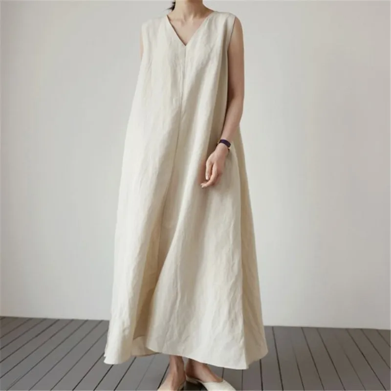 Korean Chic Cotton Linen Women Dress With Pocket Solid Loose V-Neck Sleeveless Summer Long Robe Dress For Women 120798WLA
Korean Chic Cotton Linen Women Dress With Pocket Solid Loose V-Neck Sleeveless Summer Long Robe Dress For Women 120798WLA