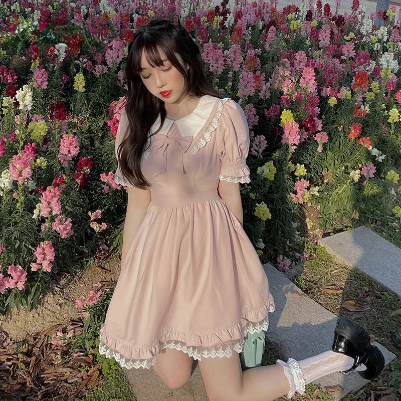 Summer Dress Women Japanese Vintage Bow Pink Mini Dress Cute Pretty Princess Bubble Sleeve Lace Dress
Summer Dress Women Japanese Vintage Bow Pink Mini Dress Cute Pretty Princess Bubble Sleeve Lace Dress