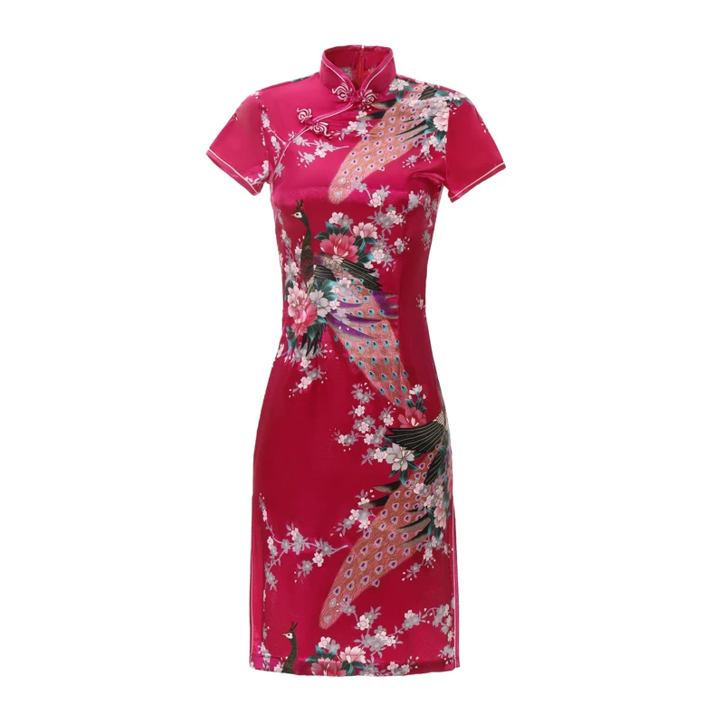 

Print Floral&Peacock Satin Women Qipao Summer Short Sleeve Vintage Stage Show Cheongsam New Arrival 5XL 6XL Chinese Dress Gown