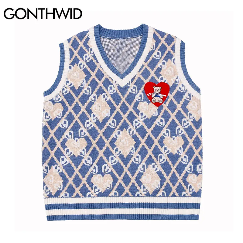 GONTHWID Harajuku Streetwear Sleeveless Vest Sweaters Embroidery Cartoon Bear Argyle Knitted Tank Top Jumper Hip Hop Casual Tops
GONTHWID Harajuku Streetwear Sleeveless Vest Sweaters Embroidery Cartoon Bear Argyle Knitted Tank Top Jumper Hip Hop Casual Tops