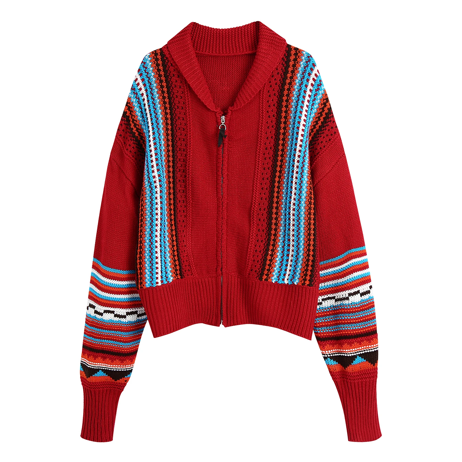 JUNWU Za Autumn Women Red Multicolor Stripe Design Lapel Long Lantern Sleeve Zipper Sweater Cardigan Jacket Ethnic Style
JUNWU Za Autumn Women Red Multicolor Stripe Design Lapel Long Lantern Sleeve Zipper Sweater Cardigan Jacket Ethnic Style