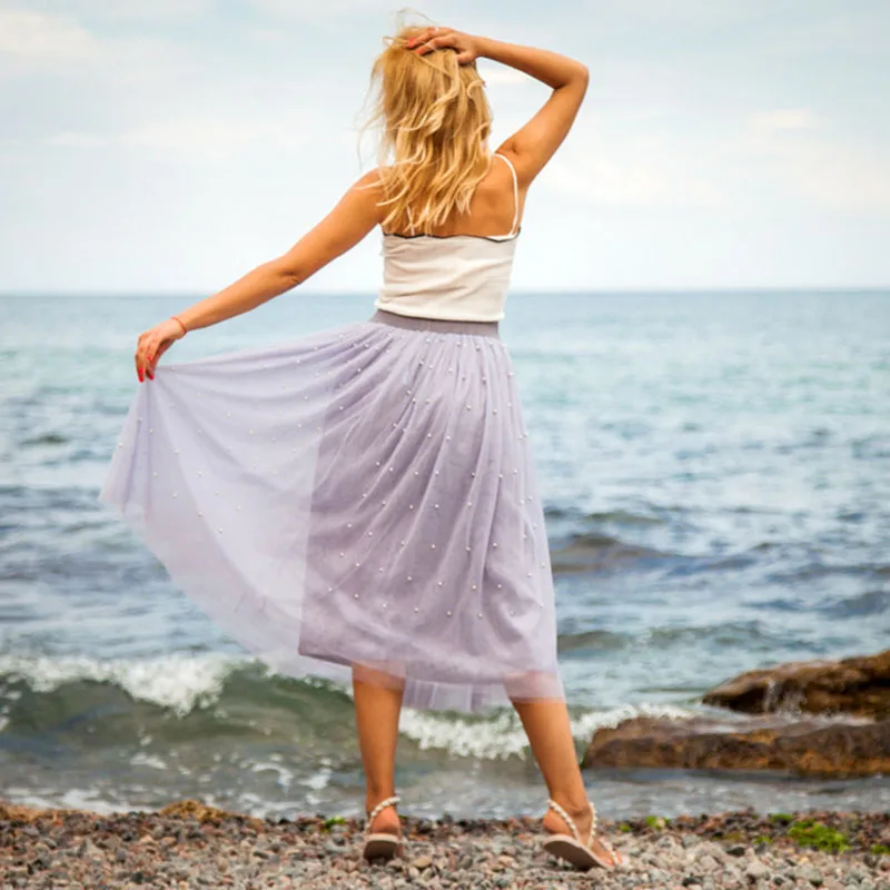 Трехслойная фатиновая Женская юбка с бусинами Весенняя сетчатая пачка