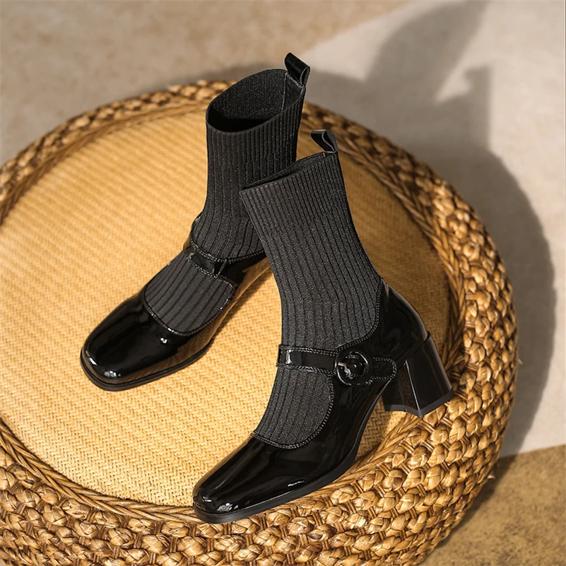 Meotina Women Cow Patent Leather Sock Boots Thick Heel Round Shoes High Heel Ladies Ankle Boots Fashion Shoes Autumn Brown 40
Meotina Women Cow Patent Leather Sock Boots Thick Heel Round Shoes High Heel Ladies Ankle Boots Fashion Shoes Autumn Brown 40