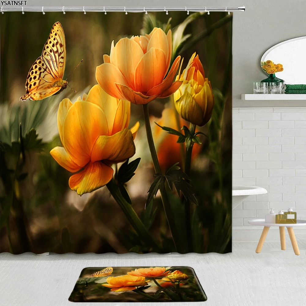 

2 шт., подвесные занавески для ванной комнаты, с рисунком Желтых Цветов, бабочек, зеленых листьев, роз, подсолнухов, Нескользящие
