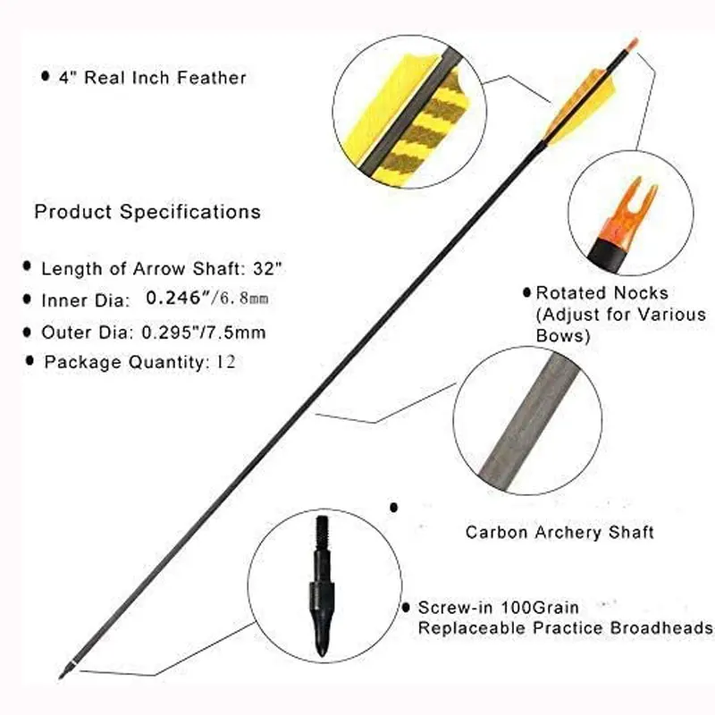 12/24/36 Pcs Mixed Carbon Arrow 31/32 Inches Spine 500 Diameter 6.2 mm for Compound/Recurve Bow and Arrow Archery Hunting
12/24/36 Pcs Mixed Carbon Arrow 31/32 Inches Spine 500 Diameter 6.2 mm for Compound/Recurve Bow and Arrow Archery Hunting