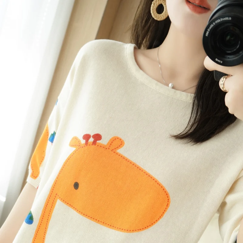Cotton knitwear women's round neck printed short sleeve top loose and slim summer cotton sweater YUHANRONG
Cotton knitwear women's round neck printed short sleeve top loose and slim summer cotton sweater YUHANRONG