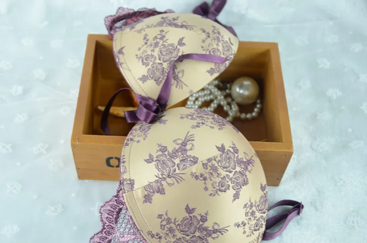 European and American style lace trim printed small chest gathered sexy adjustable underwear