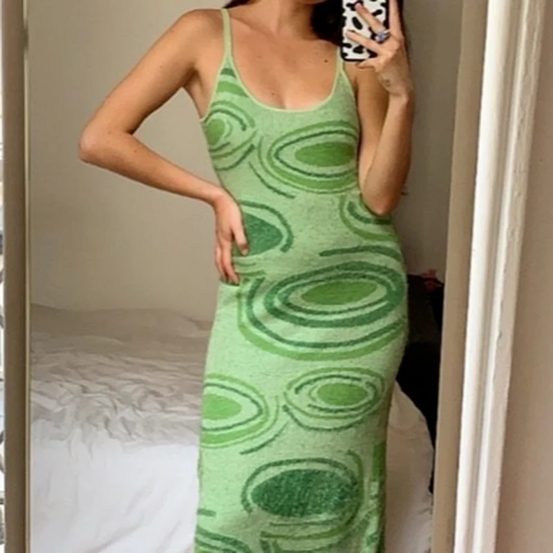 

2021Summer Sexy Print Knit Bodycon Dress Women Green Y2K Hollow Out Sleeveless Spaghetti Strap Beach Sling Bag Hip Midi Dresses