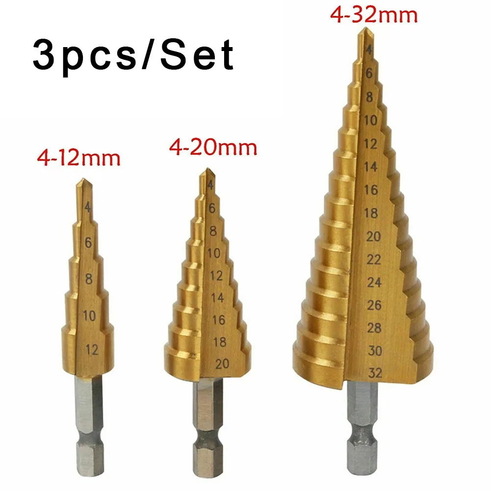 Titanium Step Drill Bit Hand Tool Sets 3-12 4-12 4-20 4-32mm Step Cone Cutt Woodworking Wood Metal Drill Bit Set
Titanium Step Drill Bit Hand Tool Sets 3-12 4-12 4-20 4-32mm Step Cone Cutt Woodworking Wood Metal Drill Bit Set