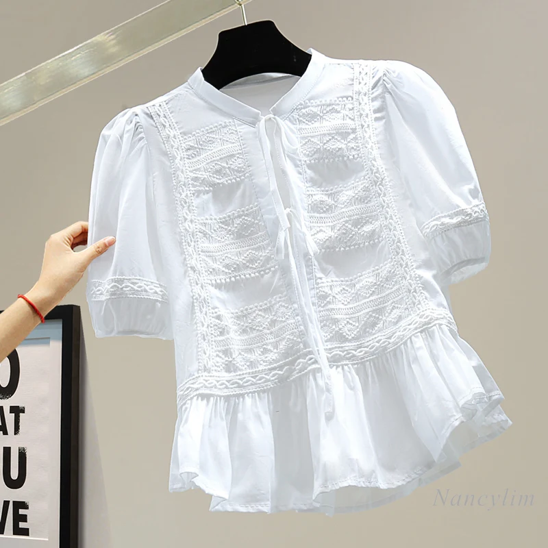 White Blouses and Shirts Woman Lace Embroidery Strap Tie Short Sleeve Top 2021 Summer Korean Style Ruffled Blusas White Black
White Blouses and Shirts Woman Lace Embroidery Strap Tie Short Sleeve Top 2021 Summer Korean Style Ruffled Blusas White Black