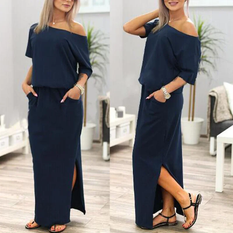 Side Slit Dress Bare One Shoulder Women Summer Casual Wear Dress Long Maxi Sukienka Solid Color Loose Dress Scoop Neck Pockets
Side Slit Dress Bare One Shoulder Women Summer Casual Wear Dress Long Maxi Sukienka Solid Color Loose Dress Scoop Neck Pockets