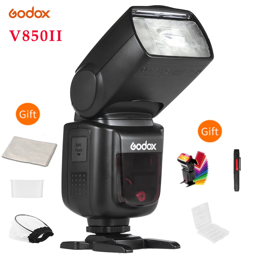 GODOX V850II 2000 мАч литий-ионный аккумулятор 2,4G 1/8000s HSS Speedlite Flash Light GN60 для DSLR Canon Nikon Pentax Olympus
GODOX V850II 2000 мАч литий-ионный аккумулятор 2,4G 1/8000s HSS Speedlite Flash Light GN60 для DSLR Canon Nikon Pentax Olympus