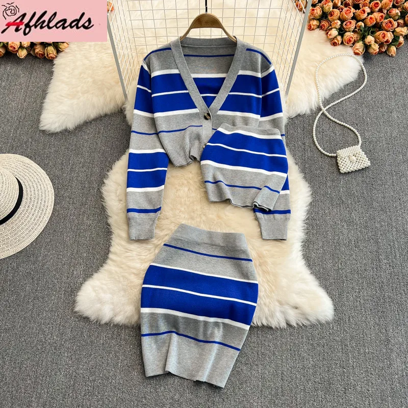 

Spring And Autumn V-Neck Contrast Striped Knitted Cardigan Jacket + Sleevless Vest Tops + High Waist Bodycon Skirts Sets