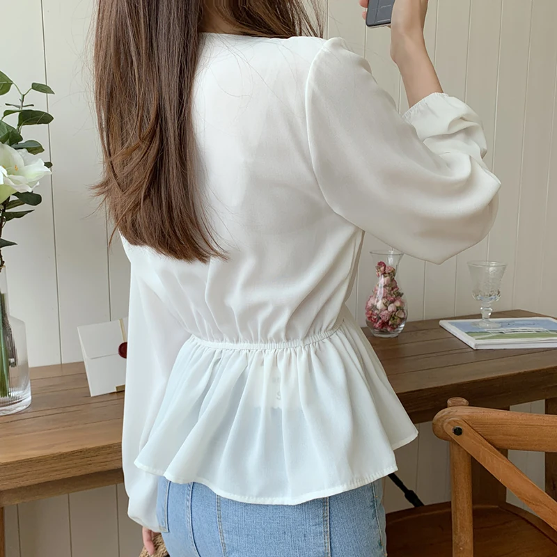 

shintimes V-Neck White Blouse Sashes Casual Woman Clothes 2019 Fall Lace Long Sleeve Shirt Women Blouses Shirts Chemisier Femme
