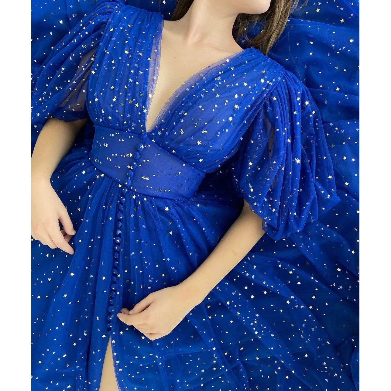 

Синие Красивые платья для выпускного вечера с V-образным вырезом и блестками, блестящее фатиновое бальное платье с разрезом, женские вечерн...