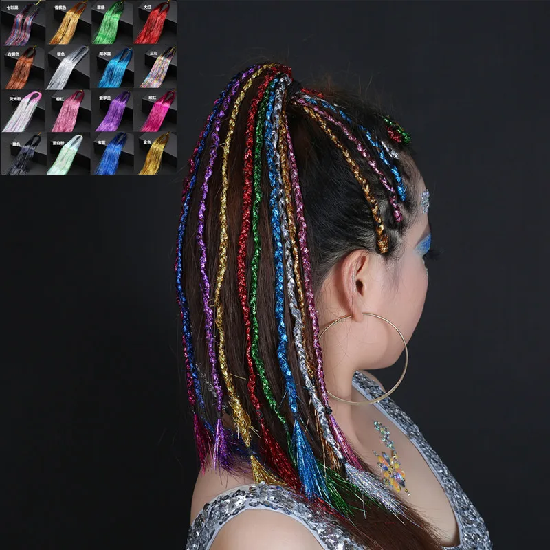 

Sparkle Shiny Hair Tinsel Rainbow Silk Hair Extensions Dazzles Women Hippie for Braiding Headdress Long 93cm 120 Strands/bag