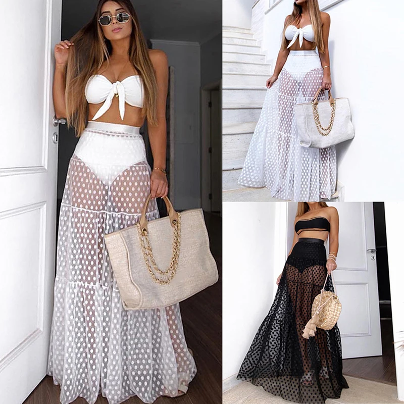 

Boho Summer Beach Causal Style Skirts Women Warps Polka Dots High Waist Sheer Mesh See-Through Perspective Long Maxi Flare Skirt