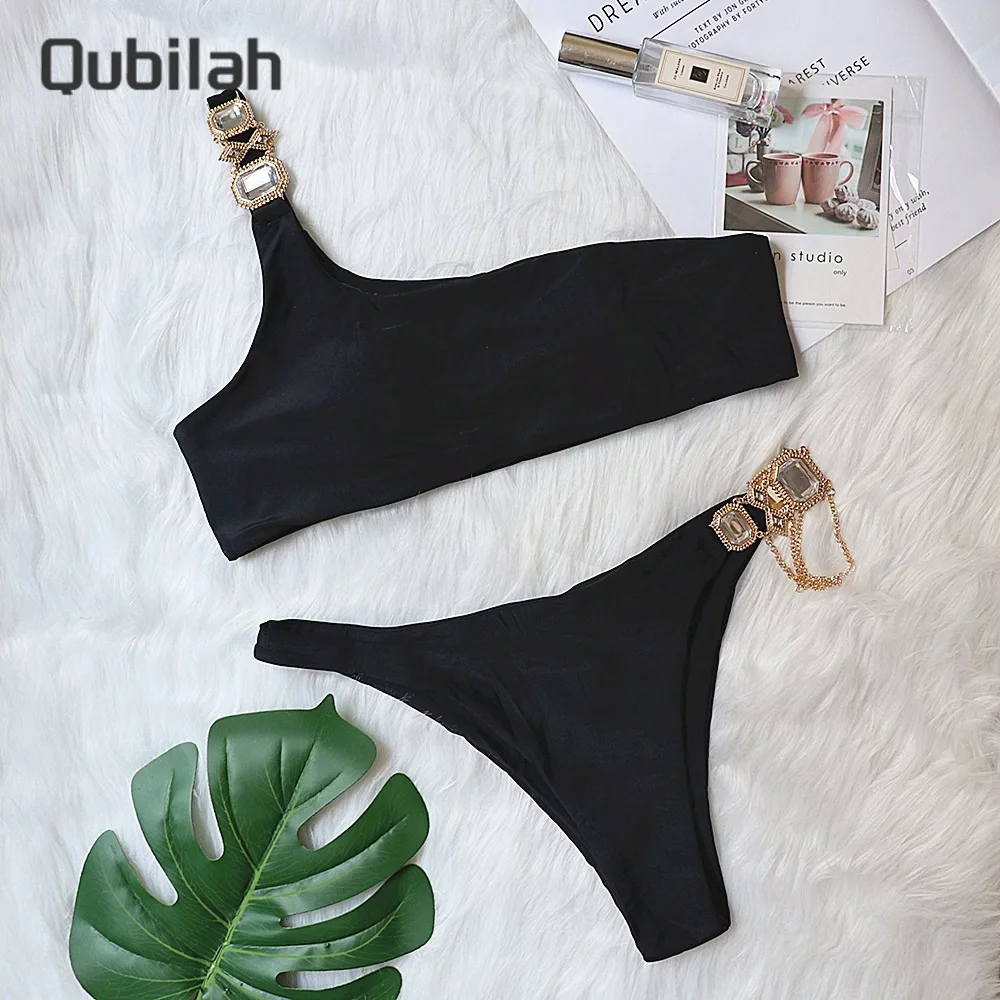 

Women One Shoulder Swimwear Crystal Diamond Chain High Waist Swimsuit 2piece Sets Brazilian Bikini Beachwear Bathing Suit Swim