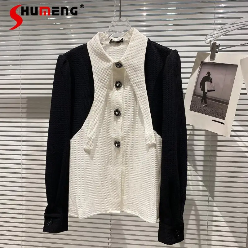 2021 Autumn New Ladies Graceful Pearl Buckle Black White Contrast Color Blouses Women's Fashion Patchwork Long Sleeves Shirt Top
2021 Autumn New Ladies Graceful Pearl Buckle Black White Contrast Color Blouses Women's Fashion Patchwork Long Sleeves Shirt Top