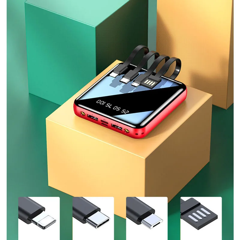 Портативное мини зарядное устройство 20000 мАч с кабелем Micro USB Type c для iPhone Samsung Huawei
