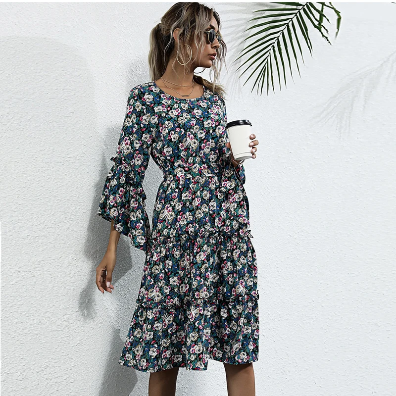 Chiffon Print Dress with Sashes Women Casual Flare Sleeve Ruffles High Waist Floral Bandage Dress for Women 2021 New Fashion
Chiffon Print Dress with Sashes Women Casual Flare Sleeve Ruffles High Waist Floral Bandage Dress for Women 2021 New Fashion